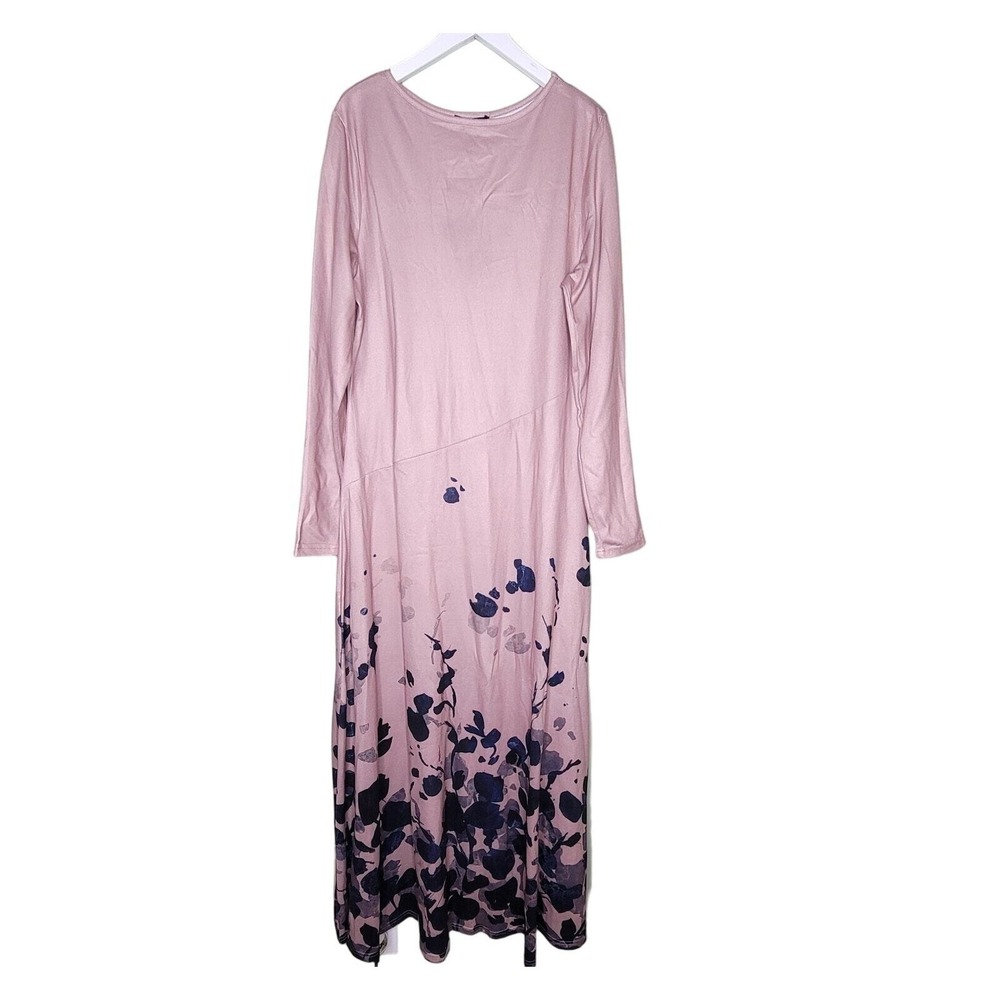 C.O.Z.Y Maxi Dess XL Mauve Blue Floral Long Sleeve Round Neck Pullover Casual XL